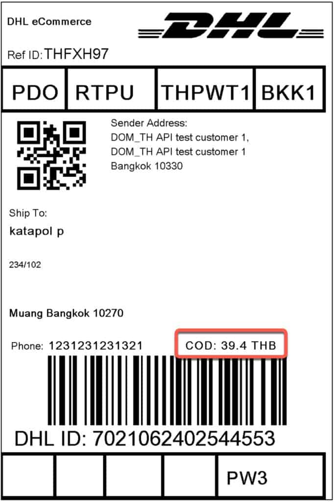 DHL Shipping Label (รวมเก็บเงินปลายทาง COD))
